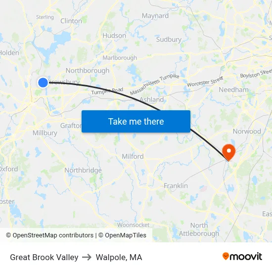 Great Brook Valley to Walpole, MA map