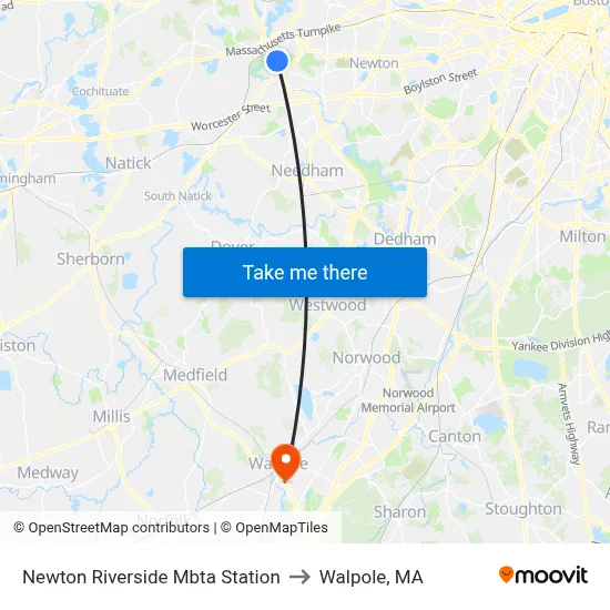 Newton Riverside Mbta Station to Walpole, MA map