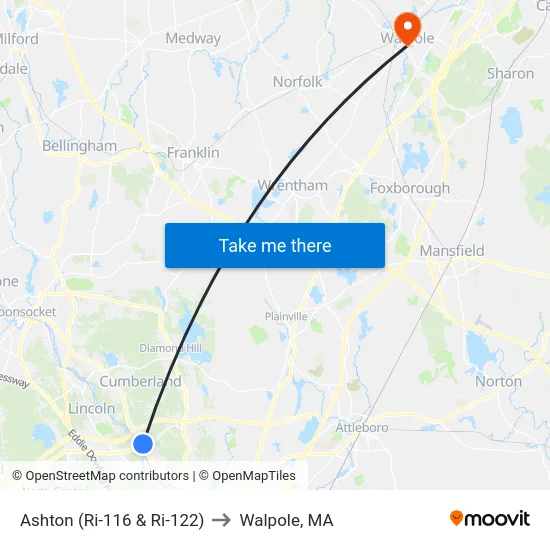 Ashton (Ri-116 & Ri-122) to Walpole, MA map