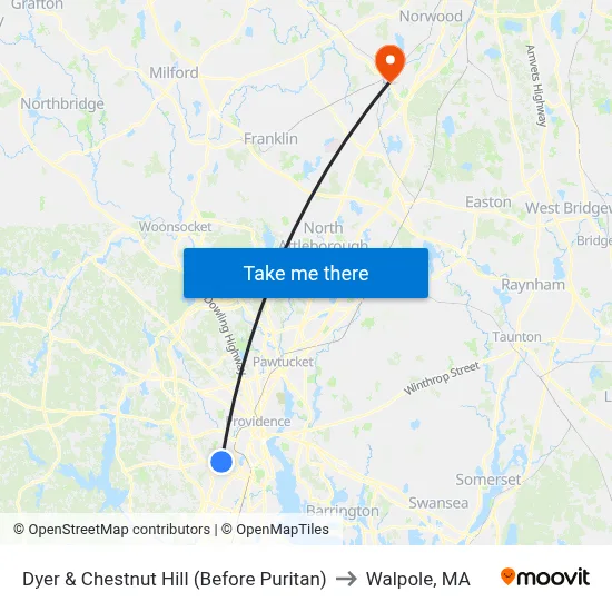 Dyer & Chestnut Hill (Before Puritan) to Walpole, MA map