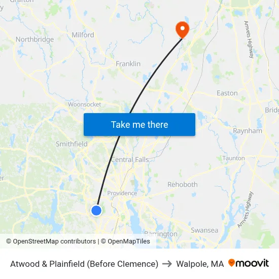 Atwood & Plainfield (Before Clemence) to Walpole, MA map