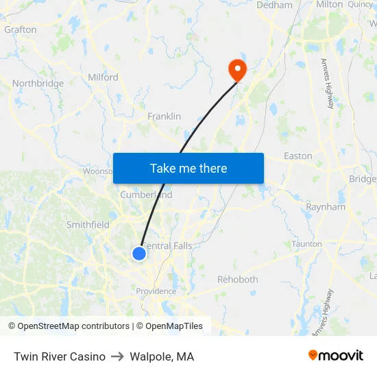 Twin River Casino to Walpole, MA map