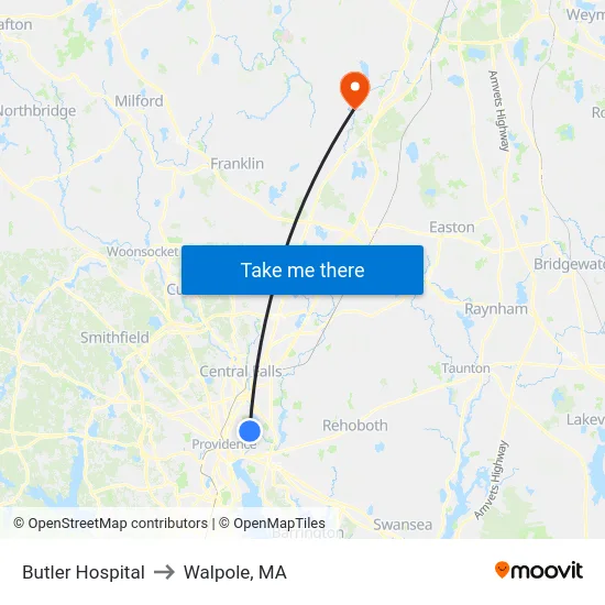 Butler Hospital to Walpole, MA map