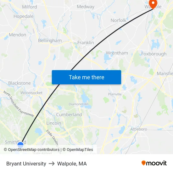 Bryant University to Walpole, MA map