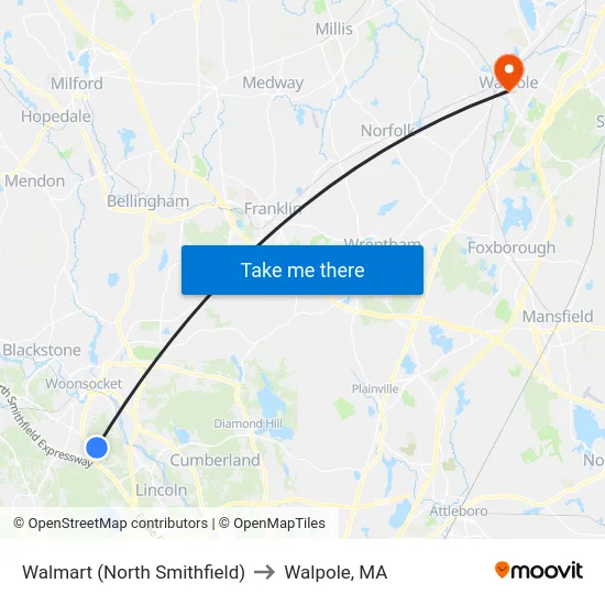 Walmart (North Smithfield) to Walpole, MA map