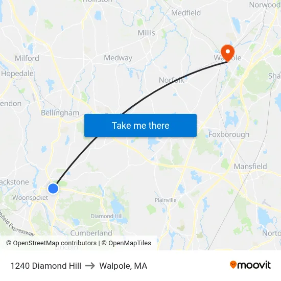 1240 Diamond Hill to Walpole, MA map