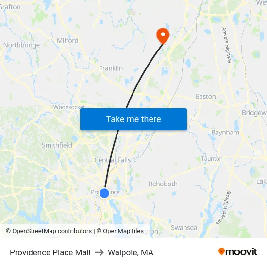 Providence Place Mall to Walpole, MA map