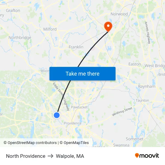 North Providence to Walpole, MA map