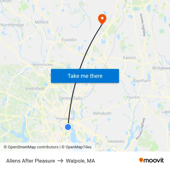 Allens After Pleasure to Walpole, MA map