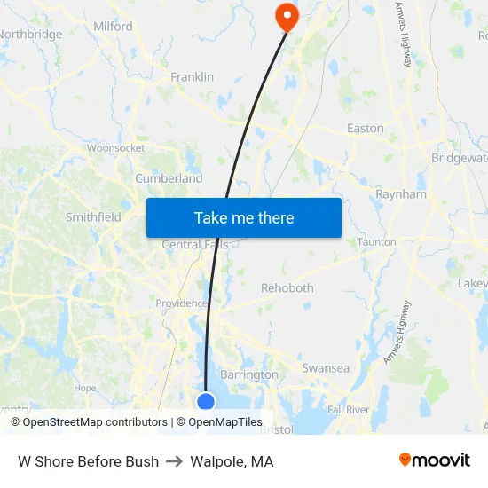 W Shore Before Bush to Walpole, MA map