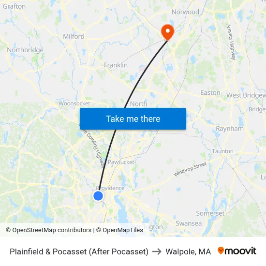 Plainfield & Pocasset (After Pocasset) to Walpole, MA map