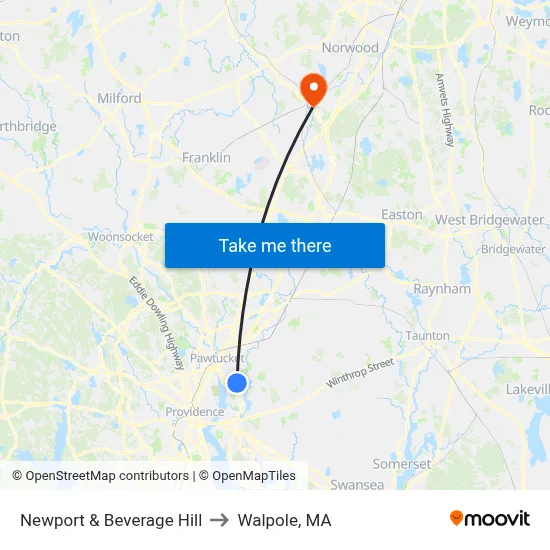Newport & Beverage Hill to Walpole, MA map