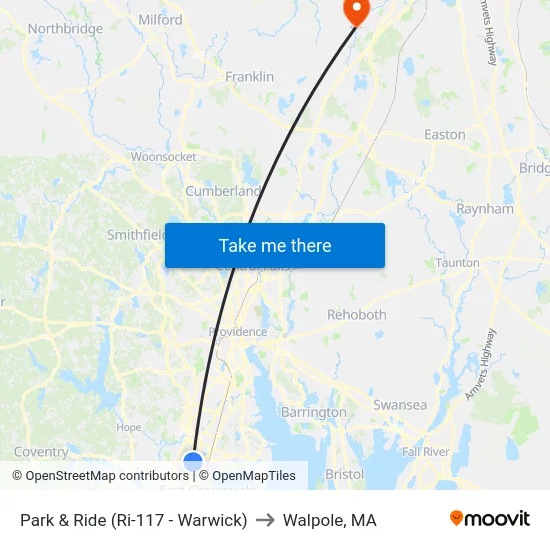 Park & Ride (Ri-117 - Warwick) to Walpole, MA map