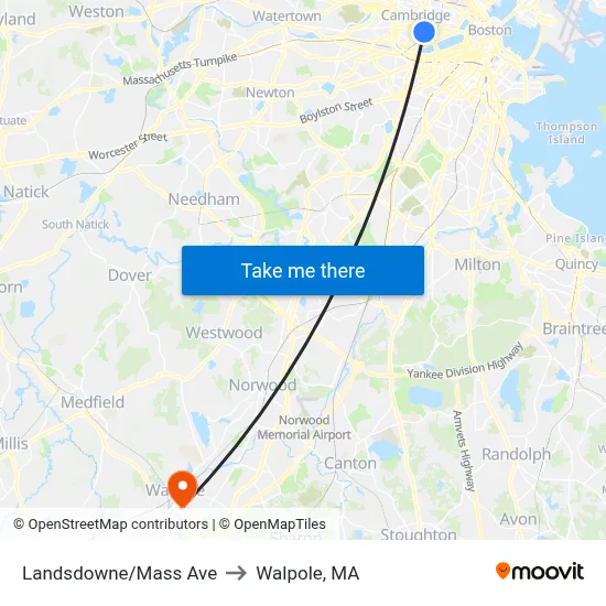 Landsdowne/Mass Ave to Walpole, MA map