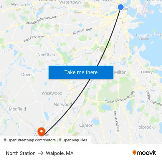 North Station to Walpole, MA map