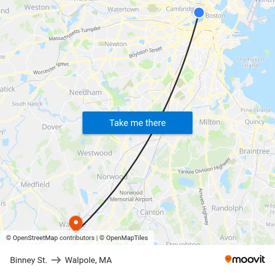 Binney St. to Walpole, MA map
