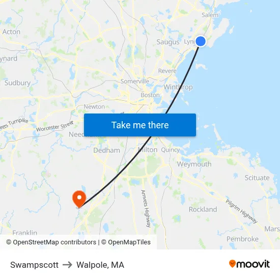 Swampscott to Walpole, MA map