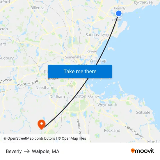 Beverly to Walpole, MA map