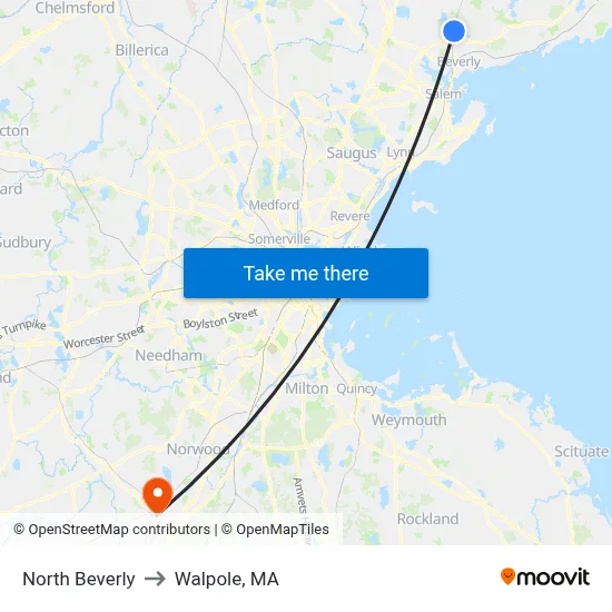 North Beverly to Walpole, MA map