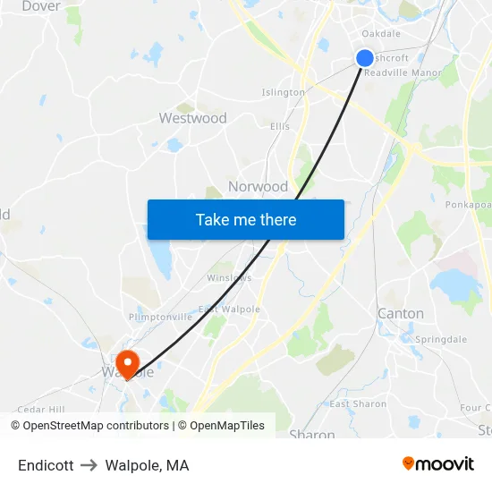 Endicott to Walpole, MA map
