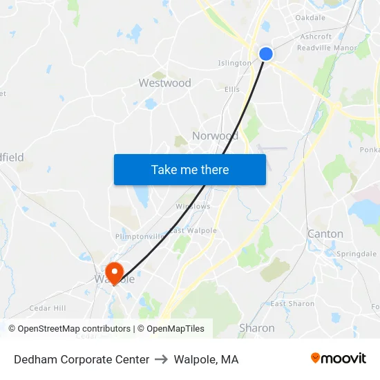 Dedham Corporate Center to Walpole, MA map