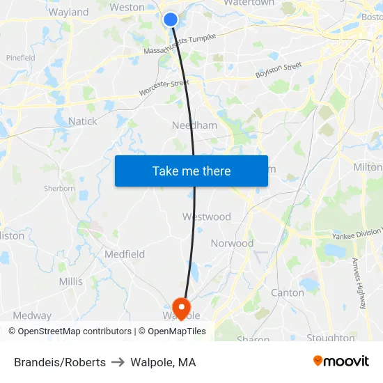 Brandeis/Roberts to Walpole, MA map