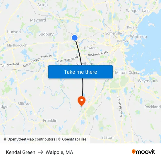 Kendal Green to Walpole, MA map