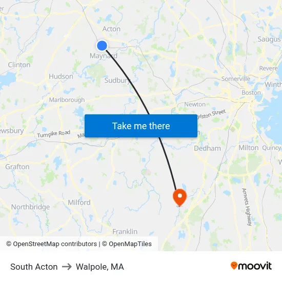 South Acton to Walpole, MA map