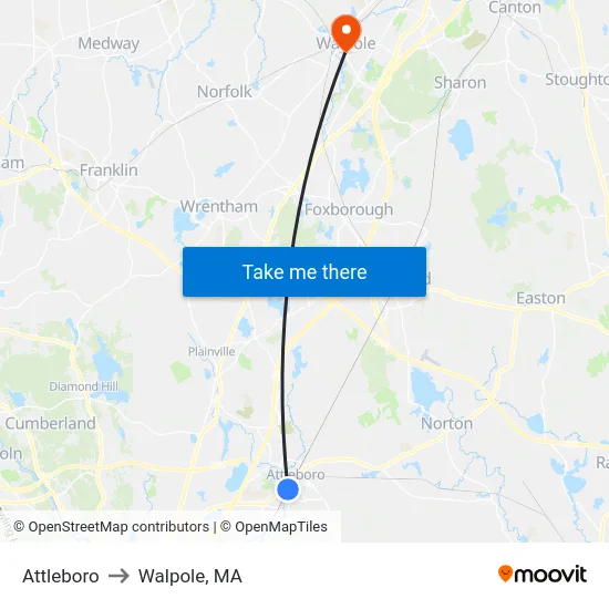 Attleboro to Walpole, MA map