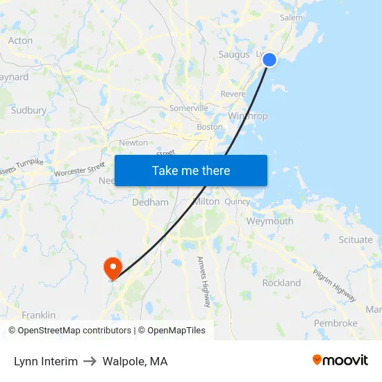 Lynn Interim to Walpole, MA map