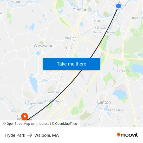 Hyde Park to Walpole, MA map