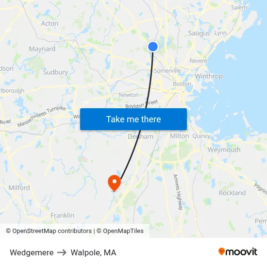 Wedgemere to Walpole, MA map