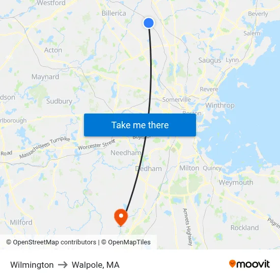 Wilmington to Walpole, MA map