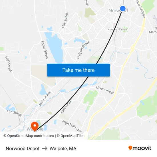 Norwood Depot to Walpole, MA map