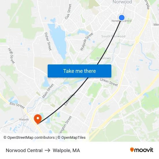Norwood Central to Walpole, MA map