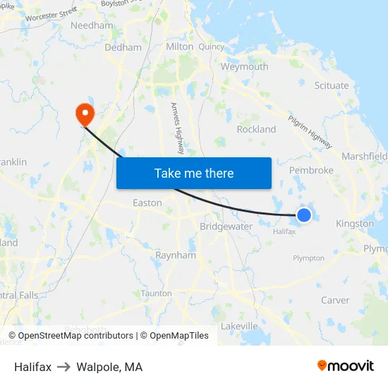 Halifax to Walpole, MA map