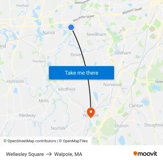 Wellesley Square to Walpole, MA map