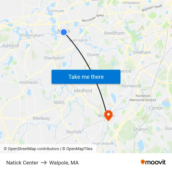 Natick Center to Walpole, MA map
