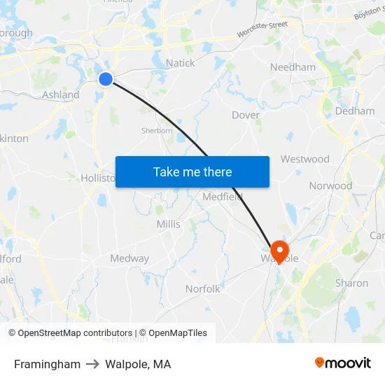 Framingham to Walpole, MA map