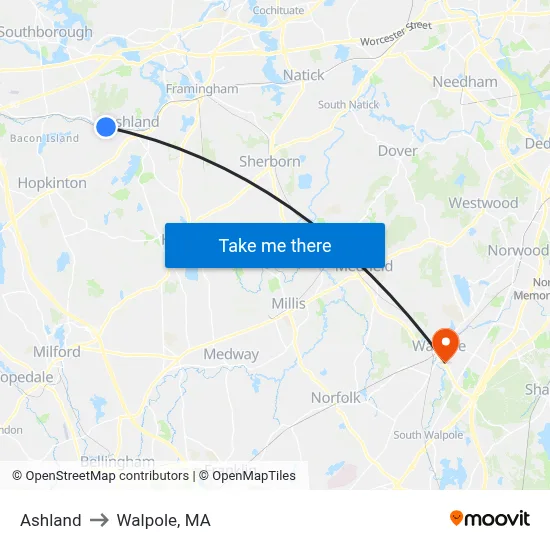 Ashland to Walpole, MA map