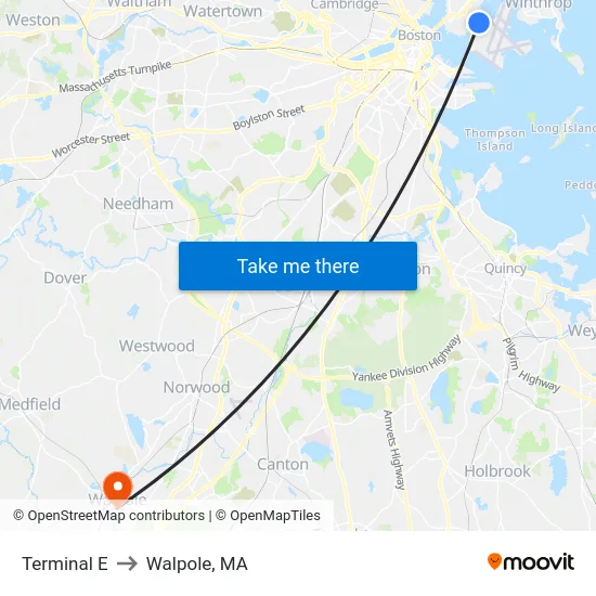 Terminal E to Walpole, MA map