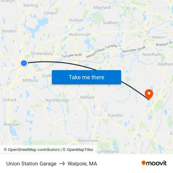 Union Station Garage to Walpole, MA map
