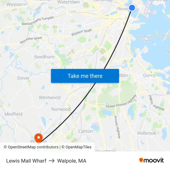 Lewis Mall Wharf to Walpole, MA map