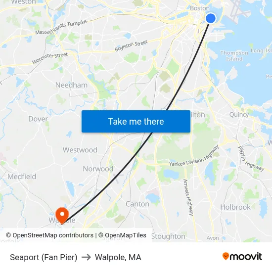Seaport (Fan Pier) to Walpole, MA map