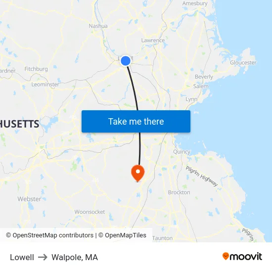 Lowell to Walpole, MA map