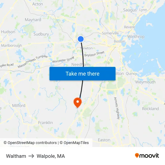Waltham to Walpole, MA map