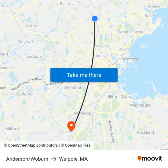 Anderson/Woburn to Walpole, MA map