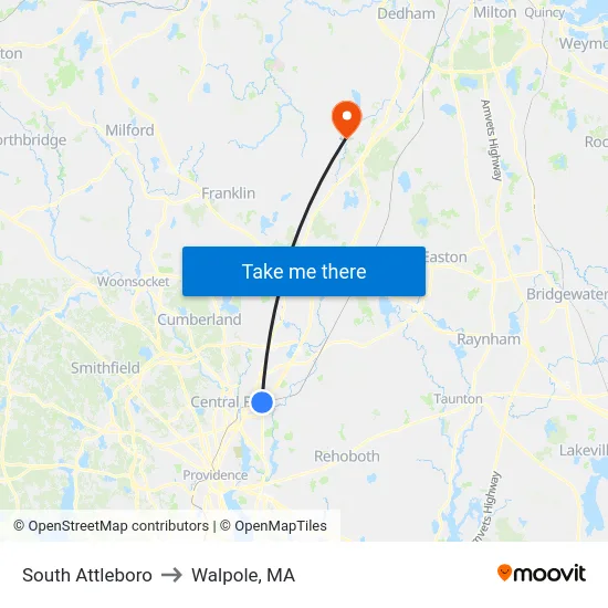 South Attleboro to Walpole, MA map