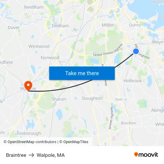 Braintree to Walpole, MA map