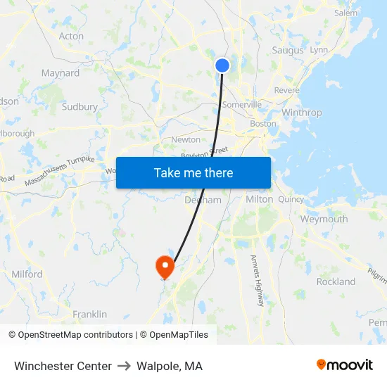 Winchester Center to Walpole, MA map
